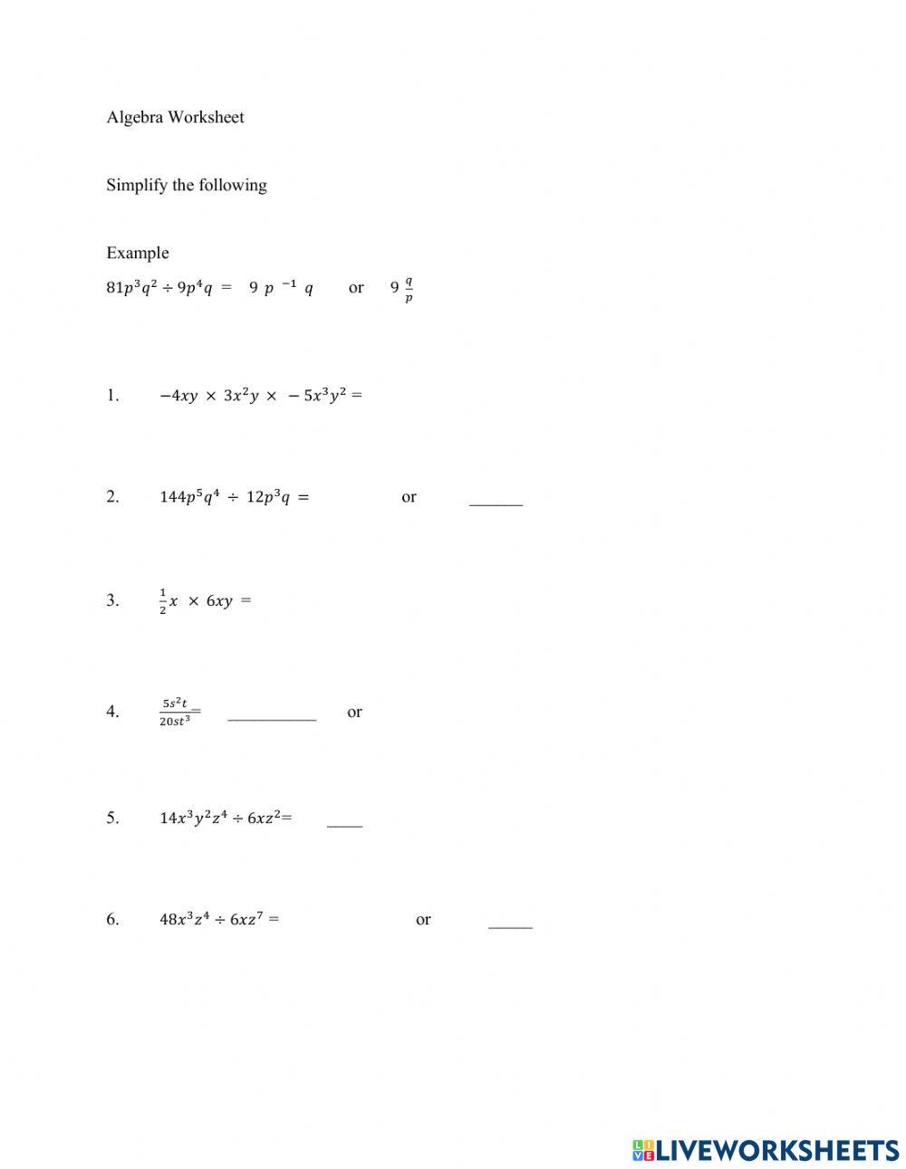 Multiplying and dividing algebraic terms online exercise for live
