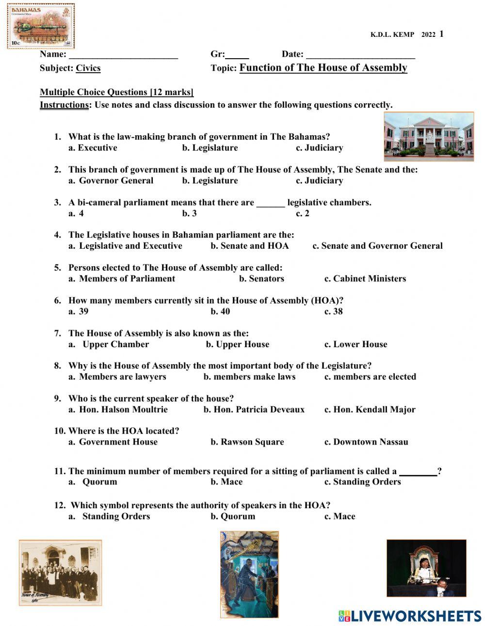 The House of Assembly M-C Worksheet