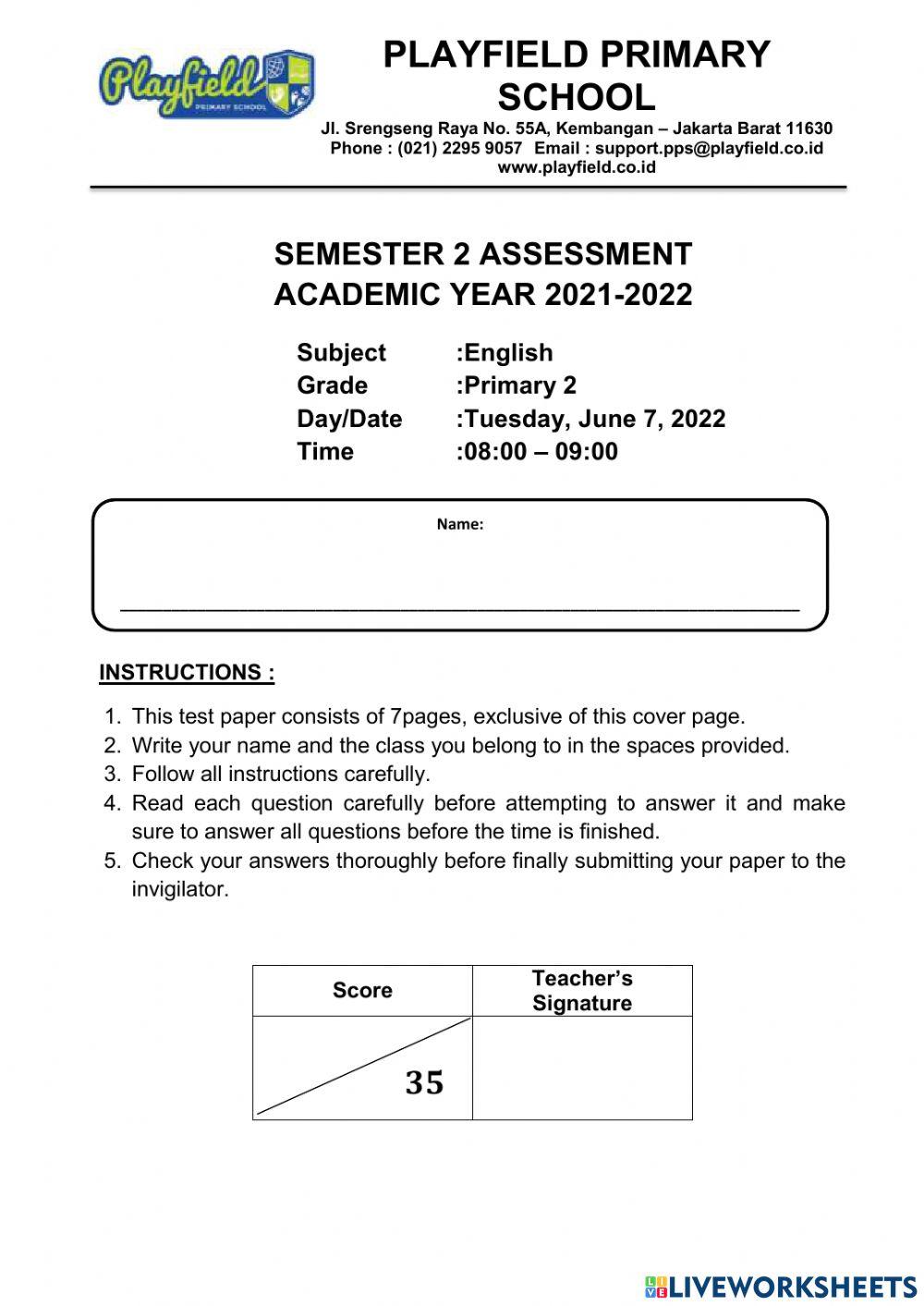 Semester 2 Part 1 P2 English Assessment