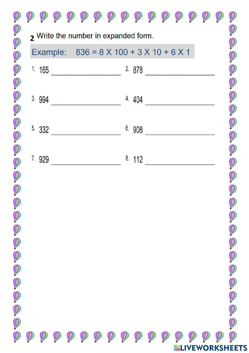 Place Value and Expanded Form of 3-Digit Numbers WS 2
