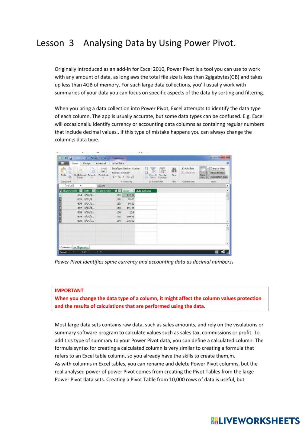 Lesson  3    Analysing Data by Using Power Pivot.