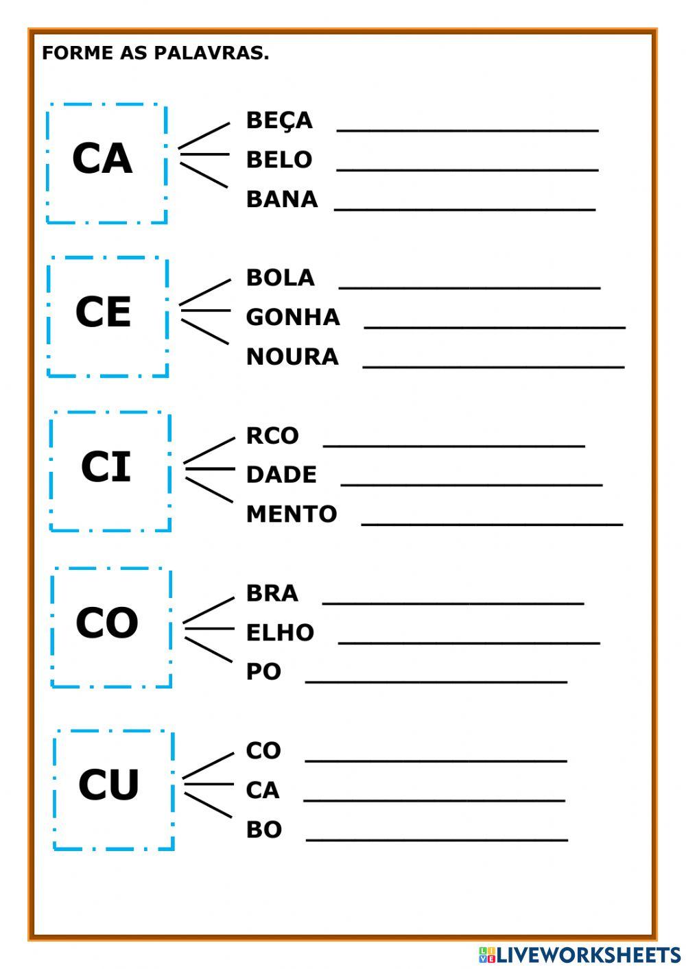 Formando palavras com: b, c, d.