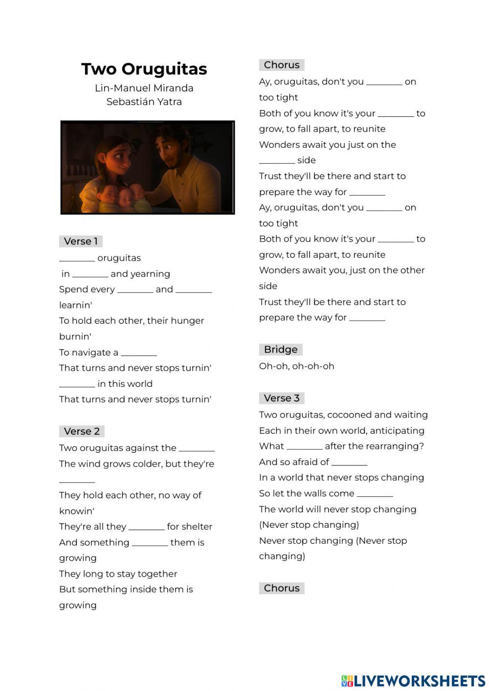 Two oruguitas song worksheet live worksheets