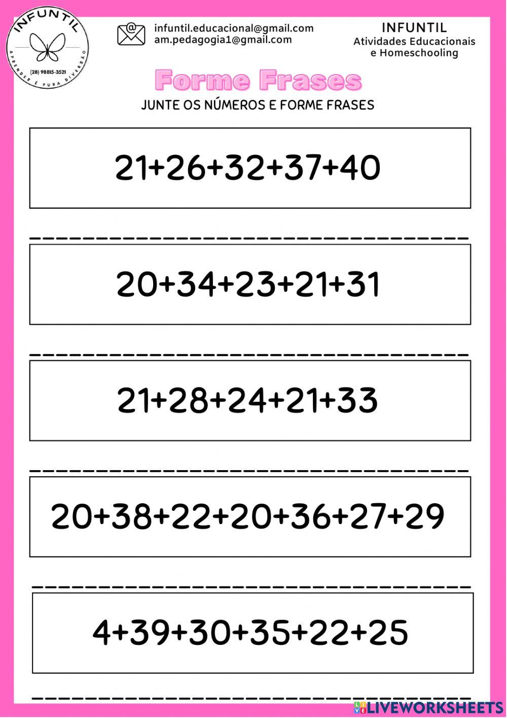 Forme frases juntando os números