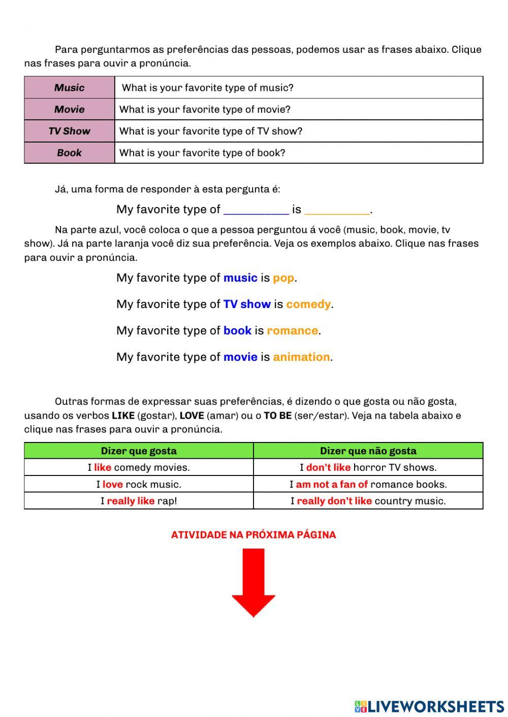Types of movies, music, books, etc.