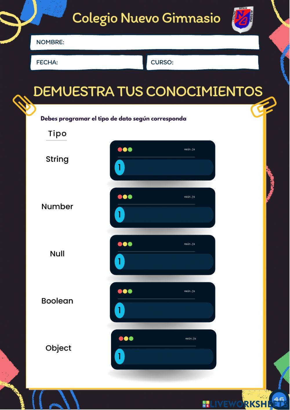 Ejercicios JavaScript - Datos worksheet | Live Worksheets