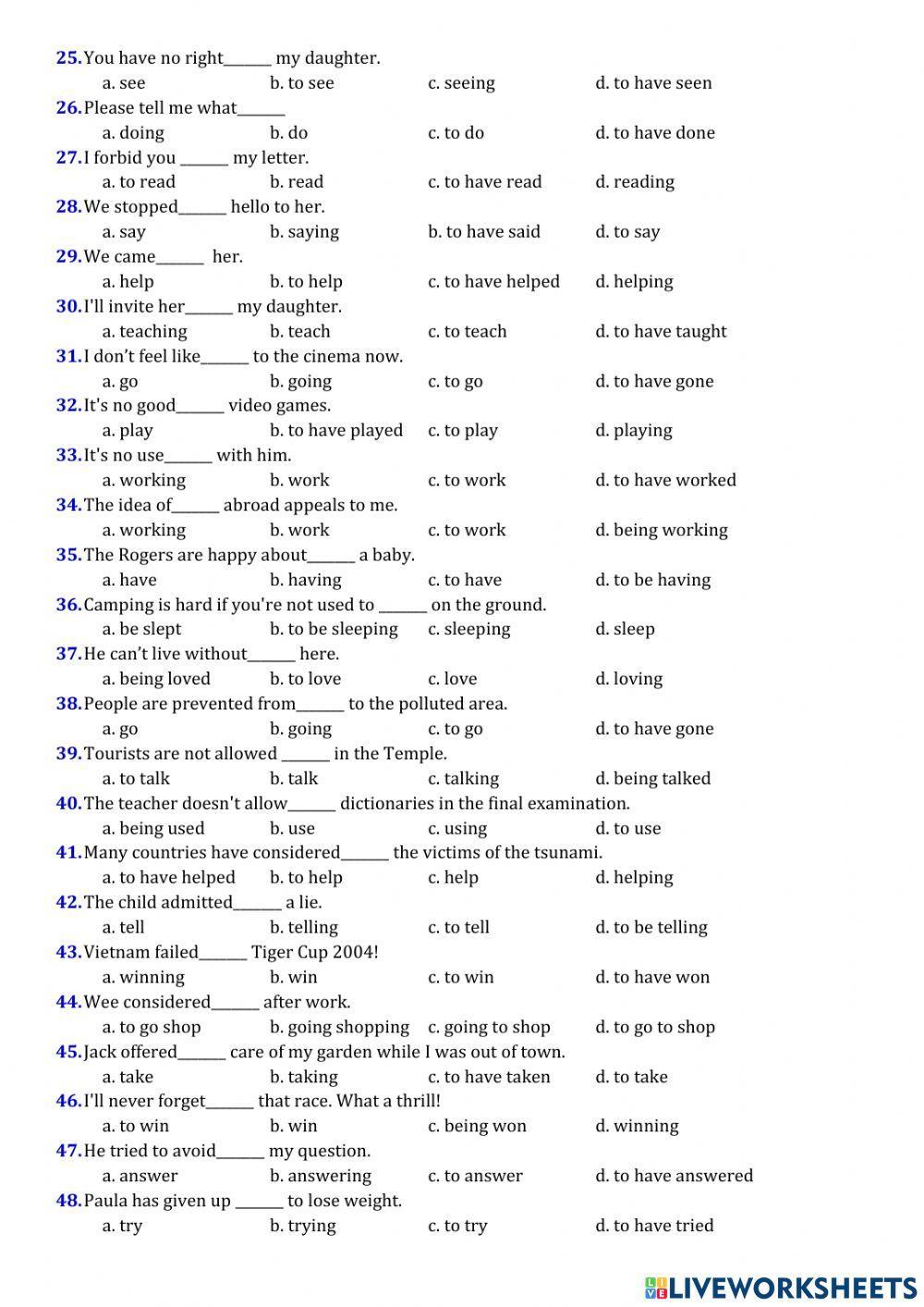 Gerund- to inf exercise