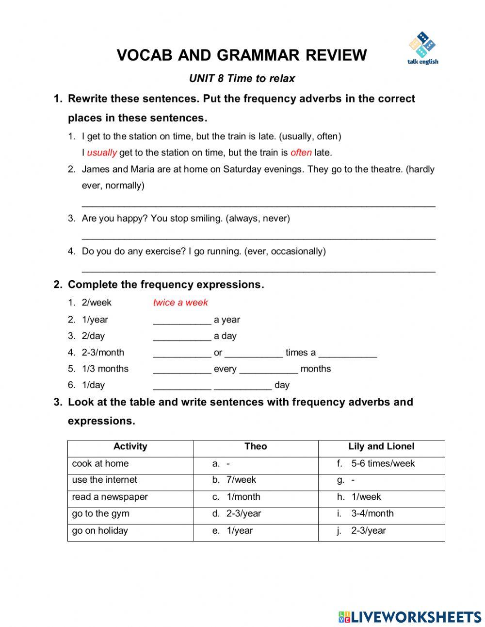 VOCAB AND GRAMMAR REVIEW UNIT 8 Time to relax