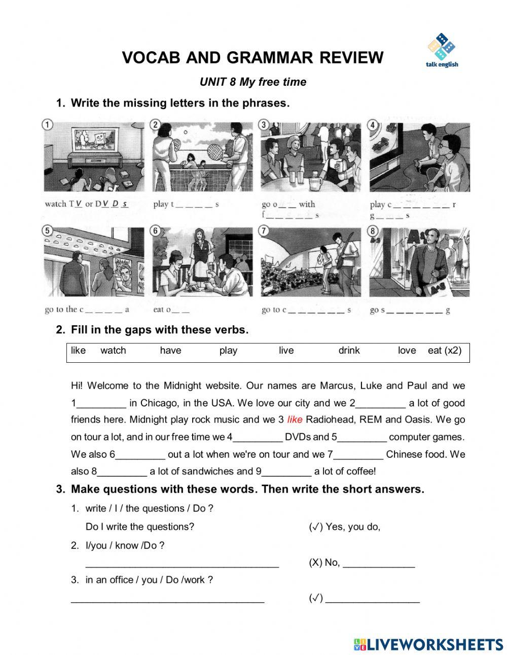 VOCAB AND GRAMMAR REVIEW UNIT 8 My free time