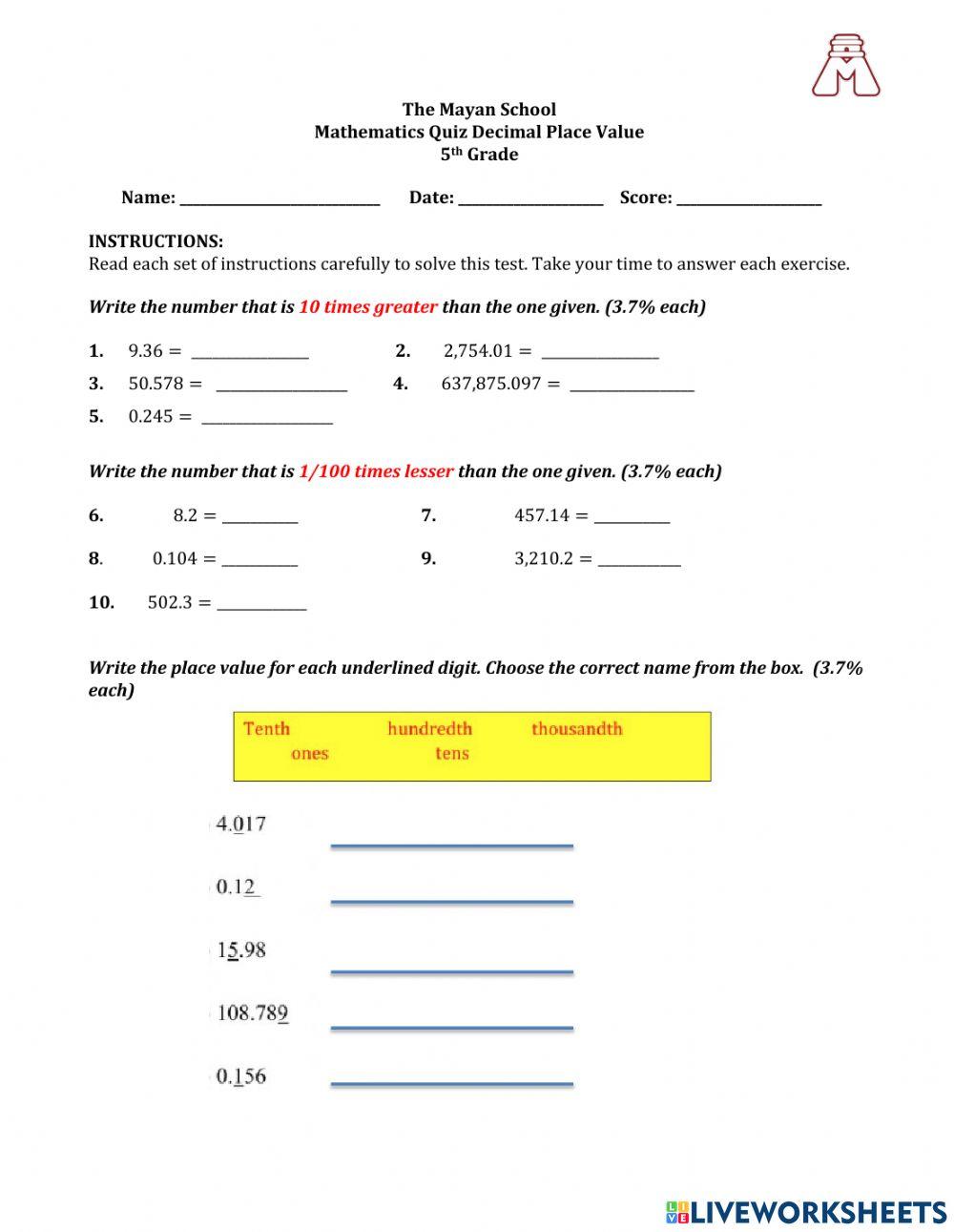 5th Grade Decimal Place Value online exercise for | Live Worksheets