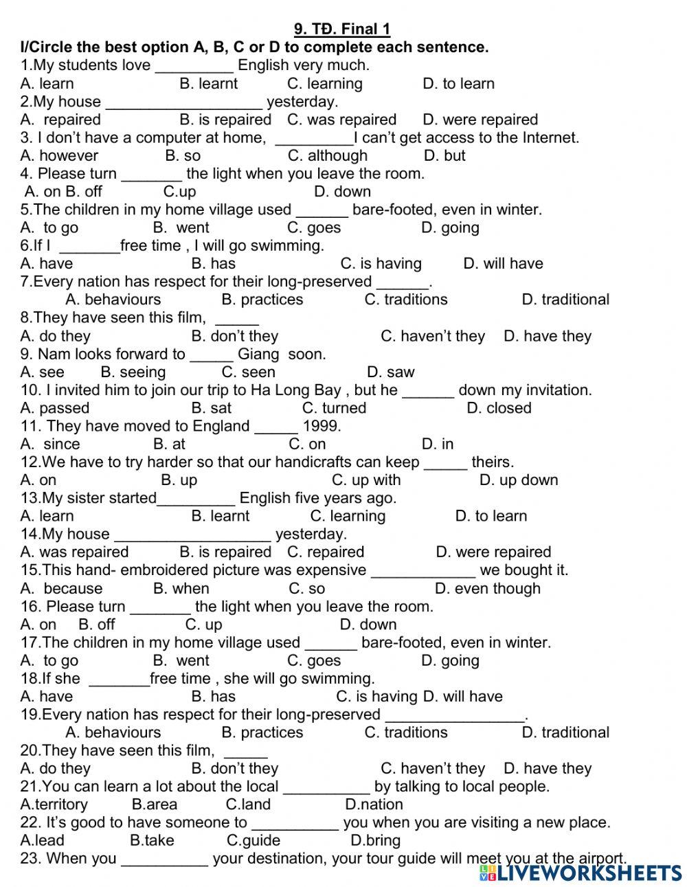 9 td f1 worksheet Live Worksheets
