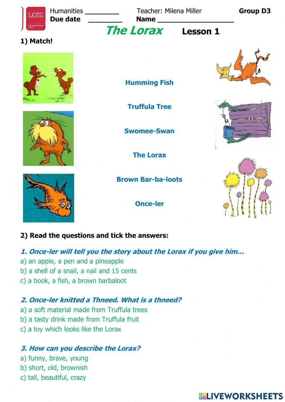 The Lorax 1 worksheet Live Worksheets