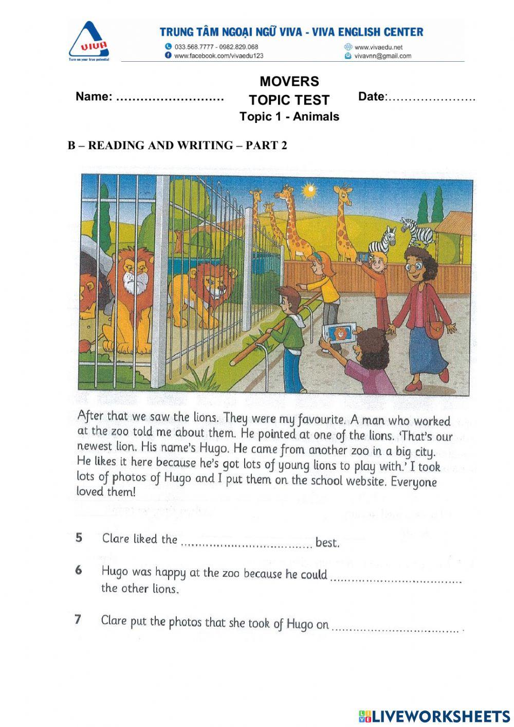 Idict 2-Test unit 1-Animals-Reading and writing test - part 2