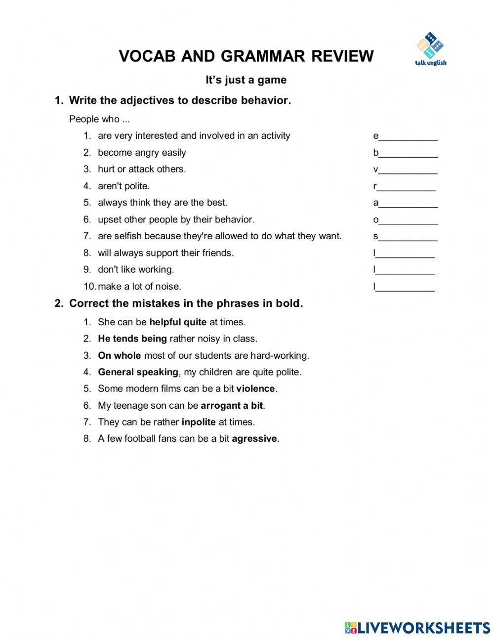 VOCAB AND GRAMMAR REVIEW It’s just a game