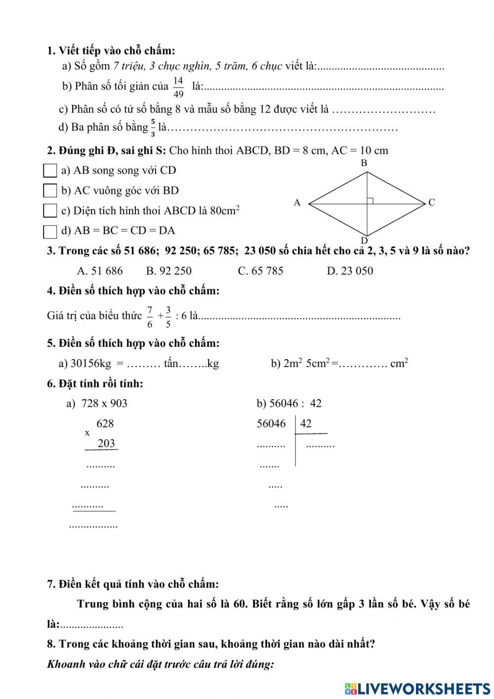 H, đề ôn toán cuối năm