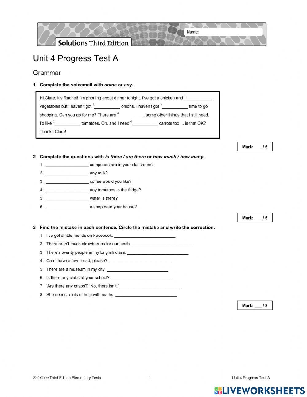 Progress test Unit 4 Sol elem