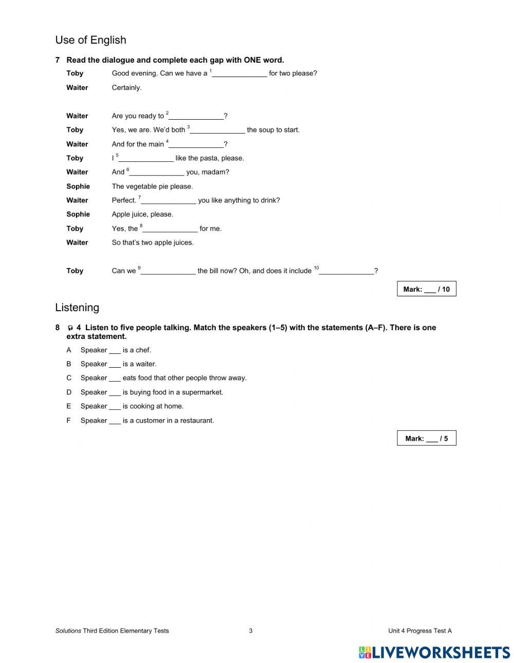 Progress test Unit 4 Sol elem