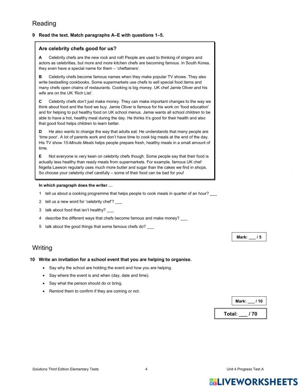 Progress test Unit 4 Sol elem