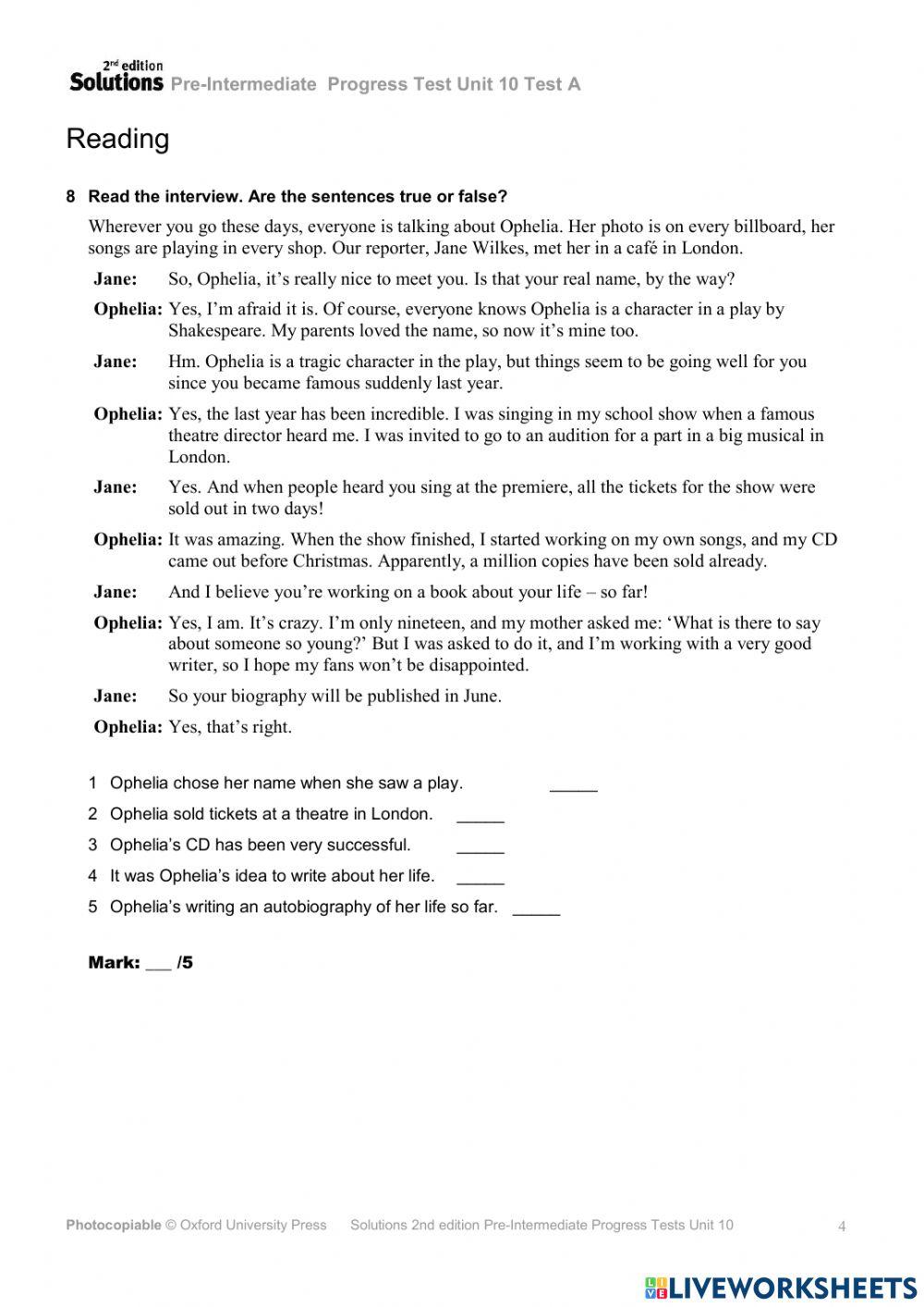 Solutions Pre-Intermediate 2nd Edition Unit 10 Progress Test A.