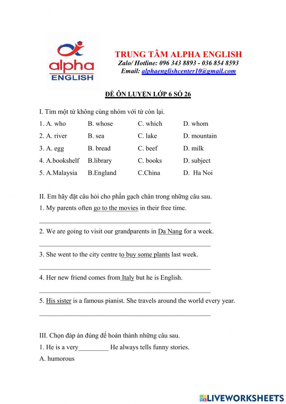 Đề luyện số 26 lớp 6 trường Amsterdam