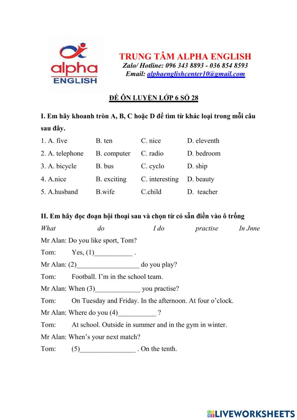 Đề luyện số 28 lớp 6 trường Amsterdam