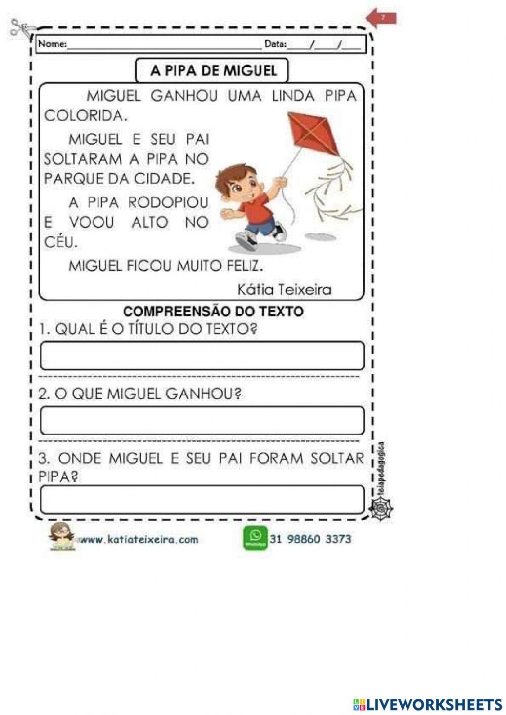 Interpretação de texto - a pipa de miguel