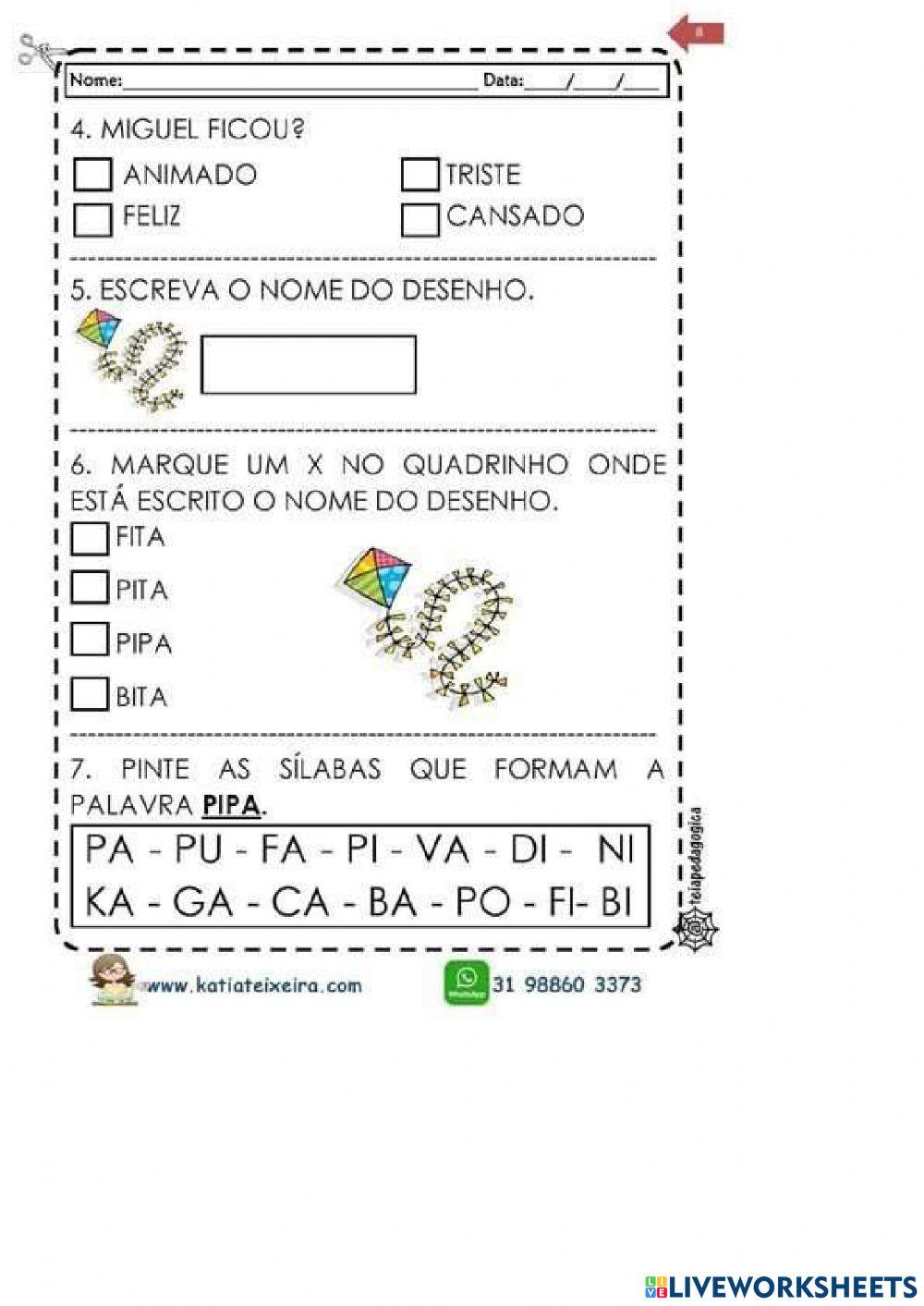 Interpretação de texto - a pipa de miguel