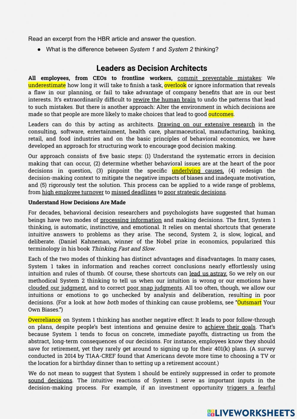 HBR Leaders As Decision Architects Pt 1 Worksheet Live Worksheets HBR Leaders As Decision Architects Pt 1 Worksheet Live Worksheets