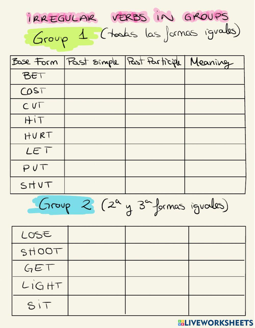 Irregular verbs in groups