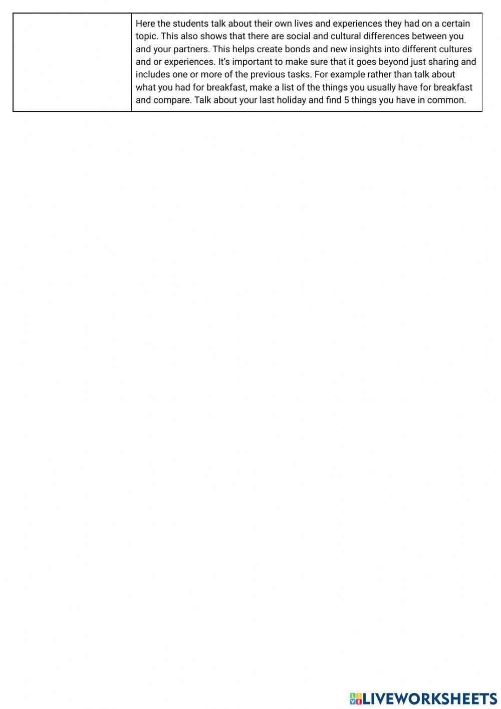 Overview TBL tasks matching activity