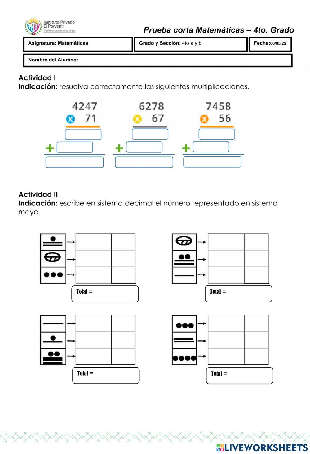Matemáticas, prueba corta