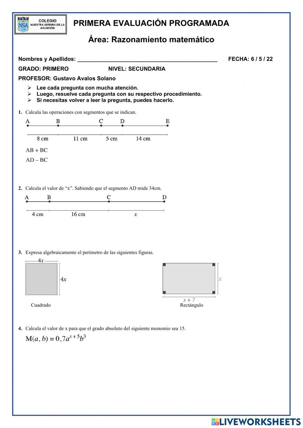 Evaluación RM - 1°