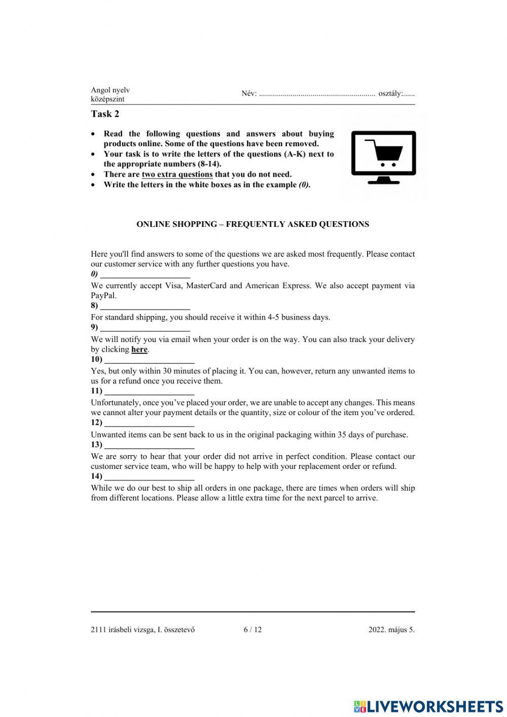 Angol középszint READING 2022. május