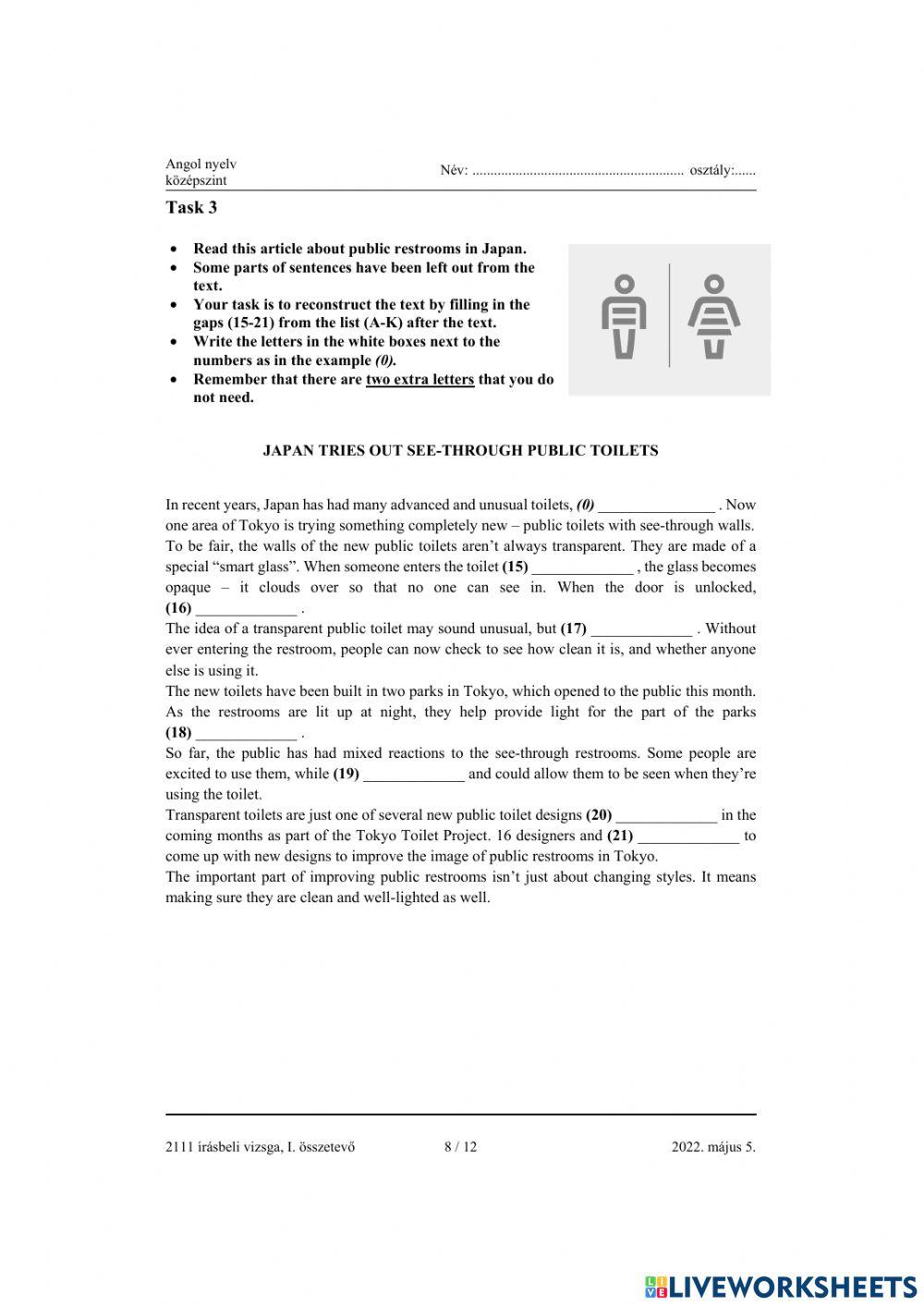 Angol középszint READING 2022. május