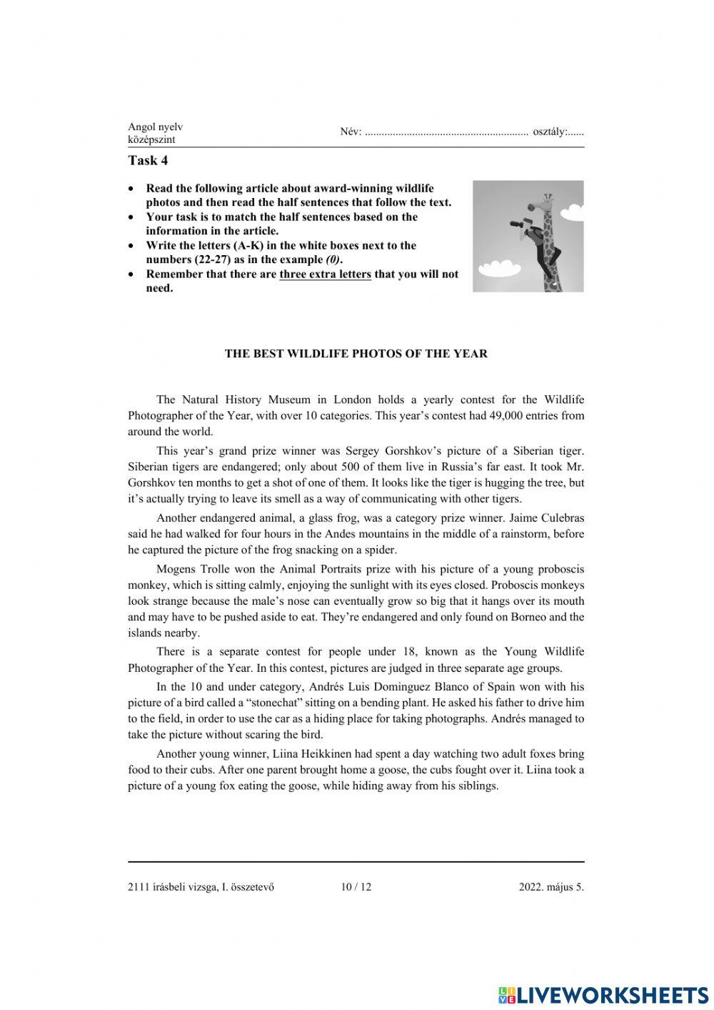 Angol középszint READING 2022. május