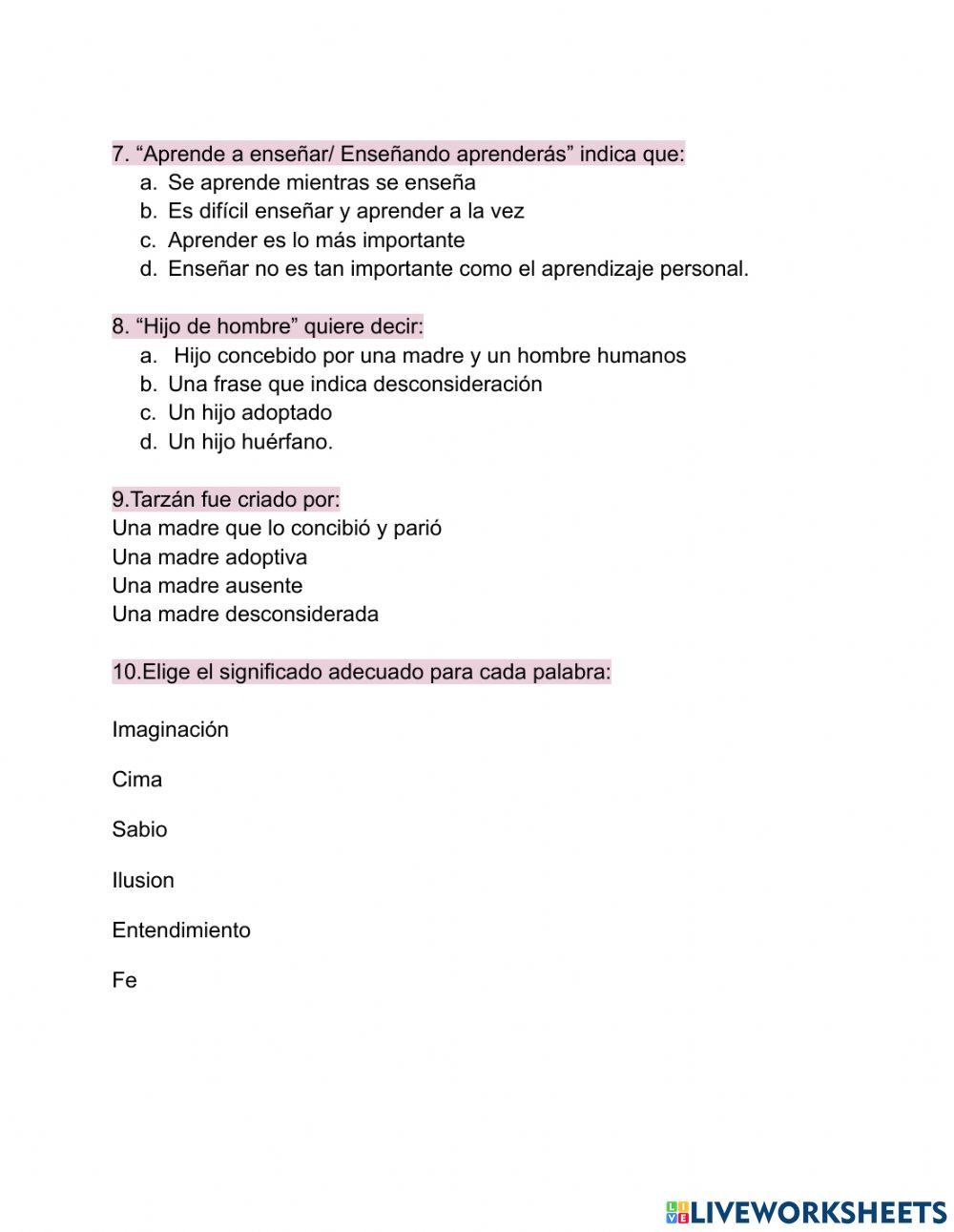 Tarzan y su madre adoptiva: Lectura y preguntas.