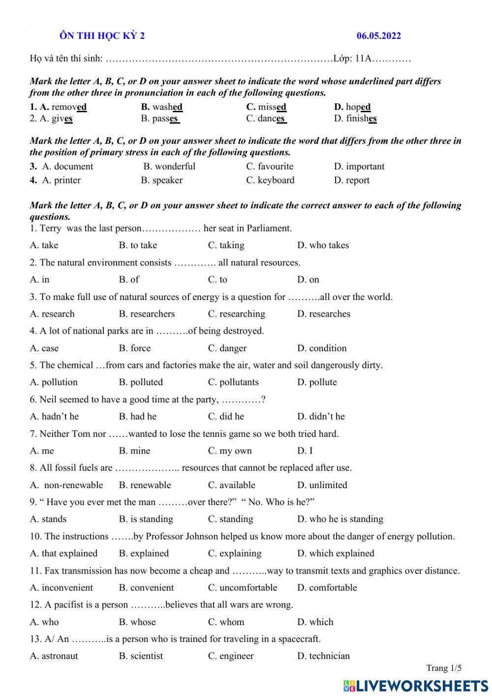 E11- Đề luyện tập thi hk2 06.05.2022
