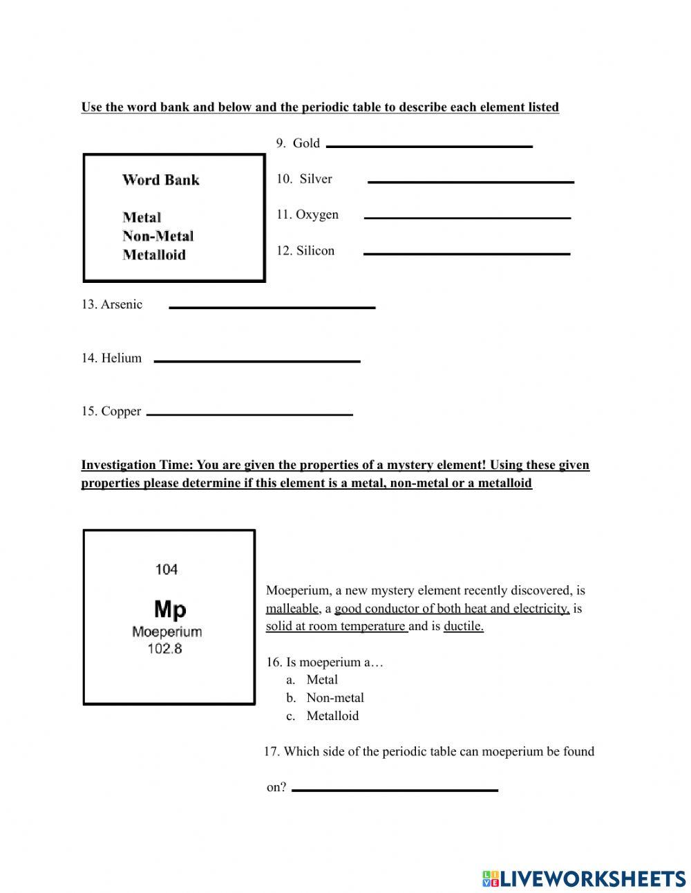 Metals metalloid or nonmetal online exercise for live worksheets