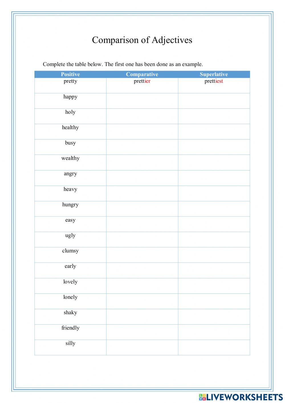 Comparison of Adjectives Live Worksheet03 (y to i)