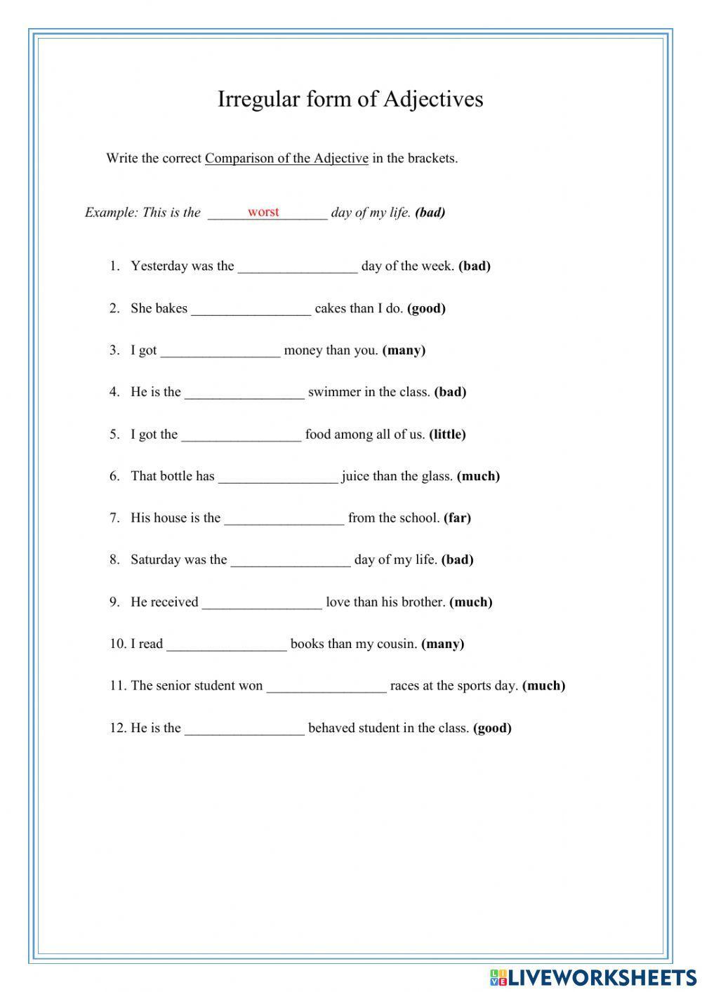 Irregular form of Adjectives Live Worksheet