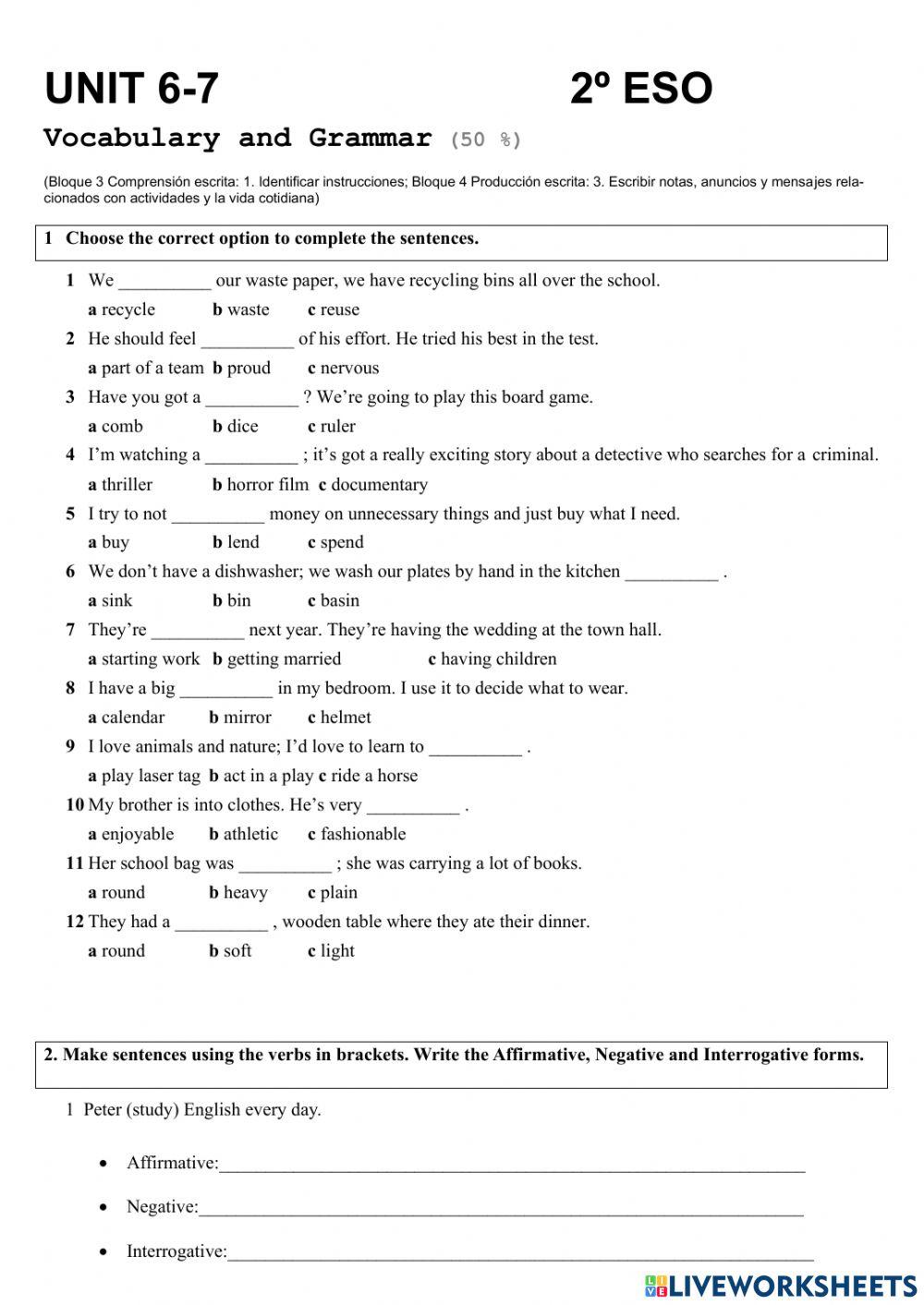 Exam Gram Vocab - Unit 6 2 ESO
