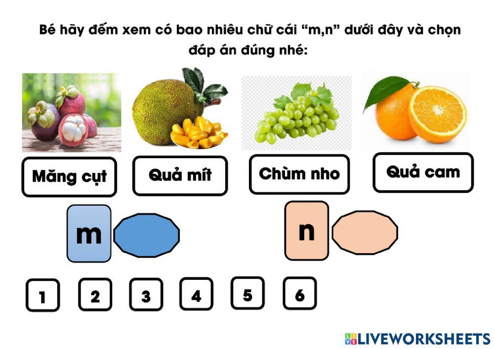 Bé hãy đếm xem có bao nhiêu chữ cái “m,n” dưới đây và chọn đáp án đúng nhé
