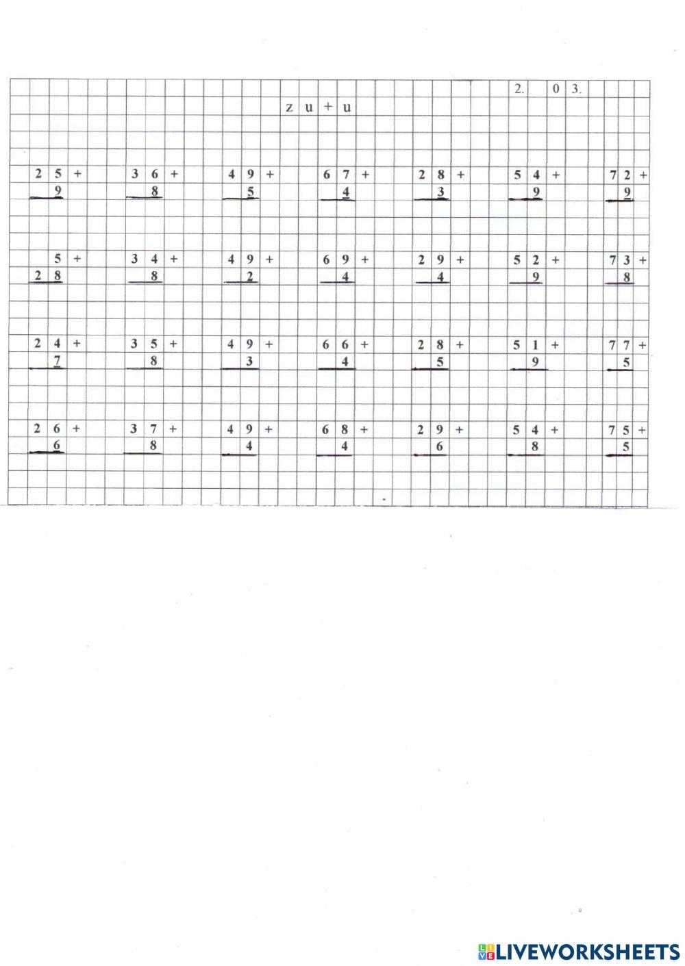 Adunarea numerelor formate din zeci și unități cu numere formate din unități cu trecere peste ordin