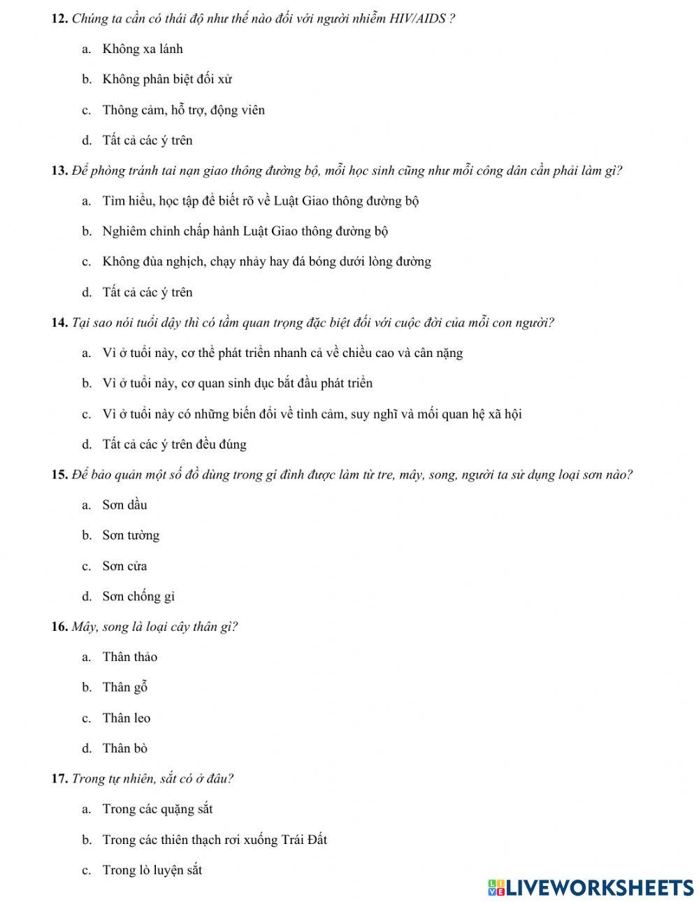 Bài tập trắc nghiệm môn khoa học lớp 5