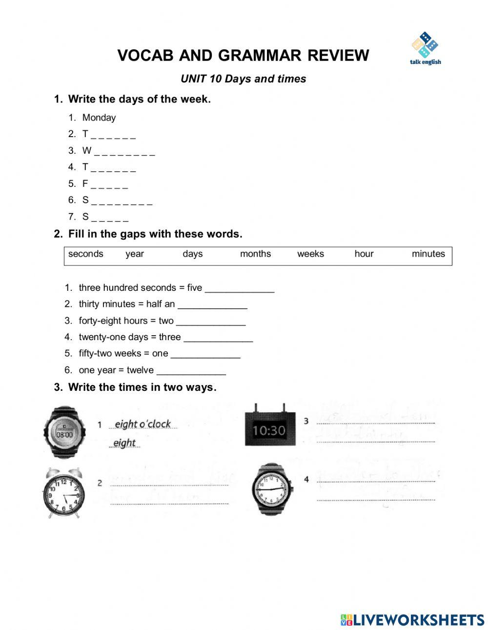 VOCAB AND GRAMMAR REVIEW UNIT 10 Days and times