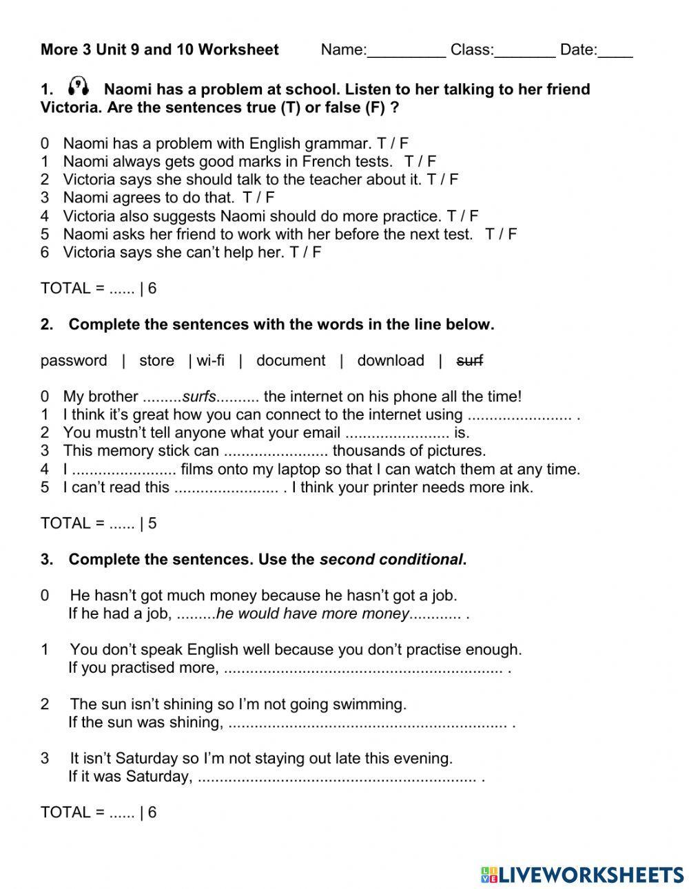 More 3 Units 9 and 10 Worksheet Exam