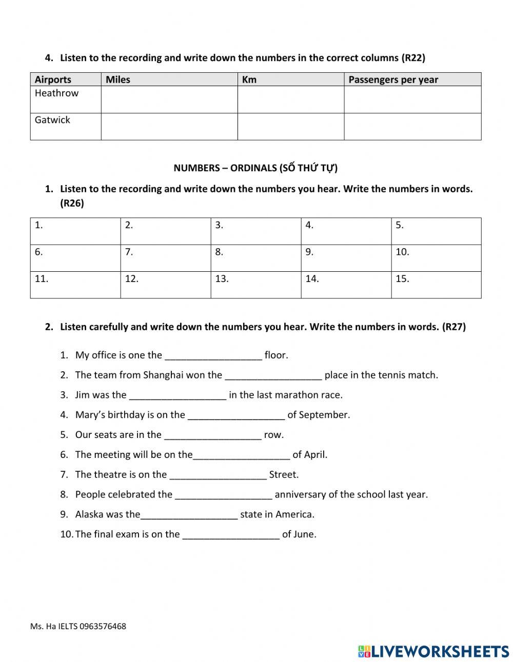 NUMBERS (Cardinal - Ordinal)