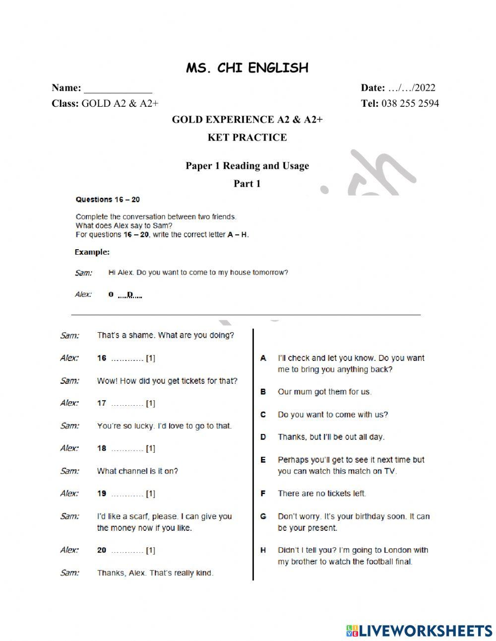 11.05.22 - Gold A2A2+- KET Practice