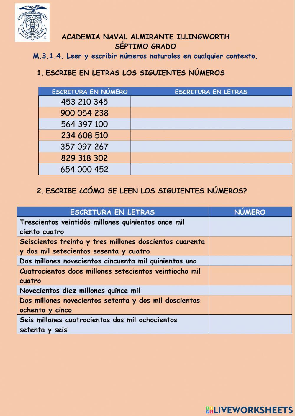 Leer y escribir números naturales en cualquier contexto.