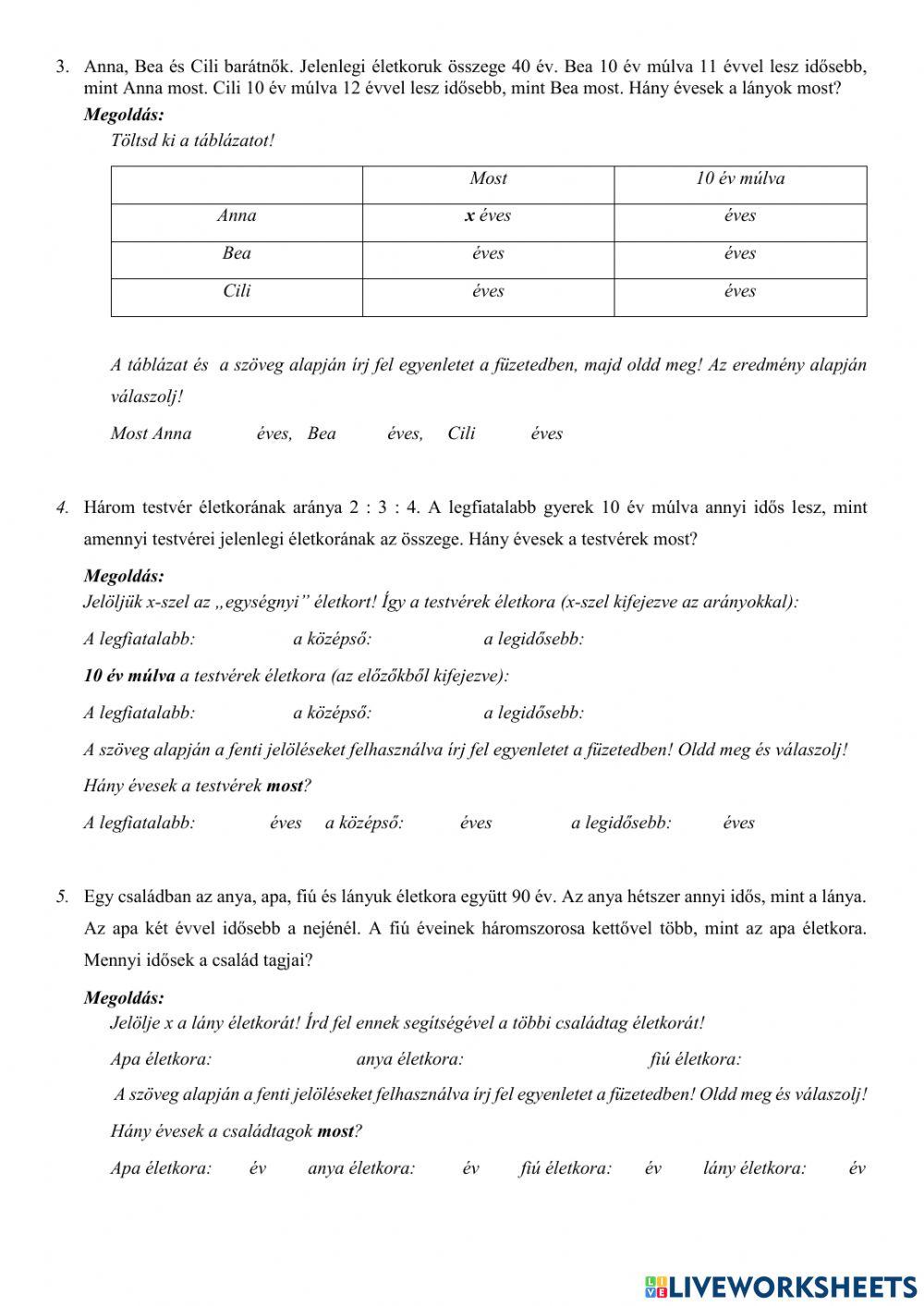 Szöveges egyeletek - életkorszámítások